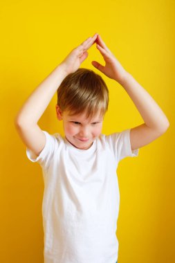 Çekici beyaz bir çocuğun portresi. Güzel, mutlu okul çocuğu sanki evin çatısındaymış gibi el ele tutuşuyor. Sarı arka planda gülümseyen komik bir çocuk. Evde kal, güvende kal.