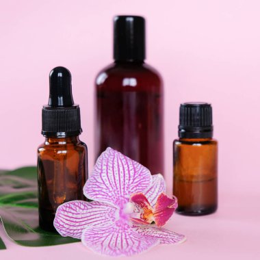 Temel yağlar, pembe arka planda farklı şişeler. Aromaterapi kavramı. Sağlığın korunması, doğal tedaviler..