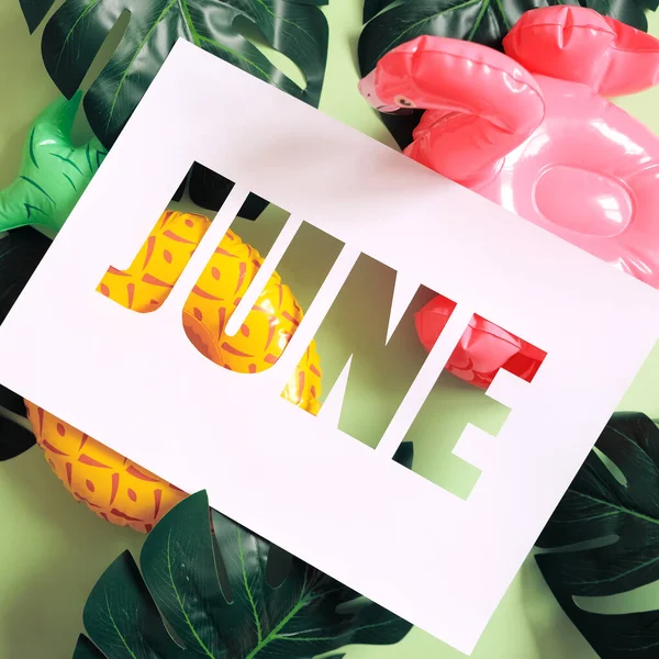 Hejsan Juni Exotiska Frukter Papper Med Uppblåsbara Element Grön Bakgrund — Stockfoto