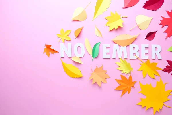 Lettering Hello November Autumn Leaves Red Orange Yellow Blue Background — Stock Photo, Image