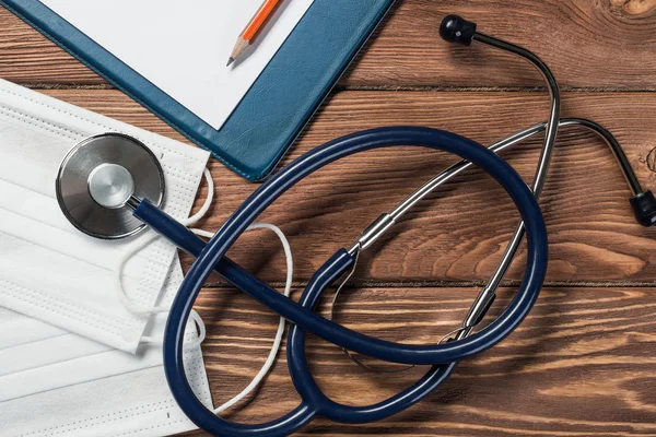 Desk of doctor with medicine things