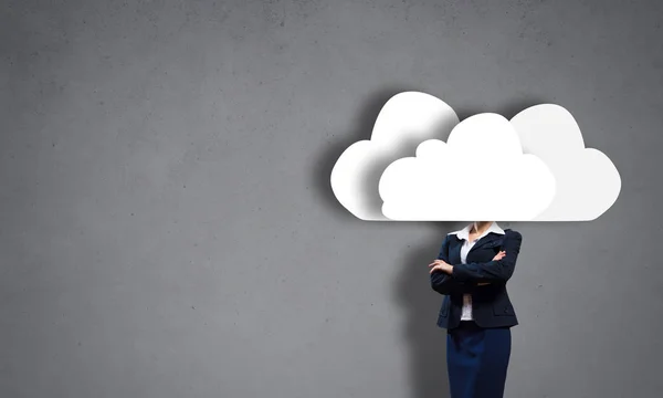 Businesswoman with head in cloud — Stock Photo, Image