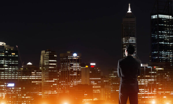 businessman with suitcase looking at night city