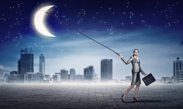 Woman catch moon — Stock Photo, Image