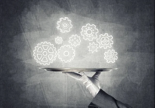 Butler holding metal tray — Stock Photo, Image