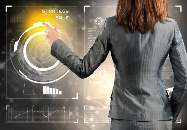 Businesswoman working with virtual panel interface — Stock Photo, Image