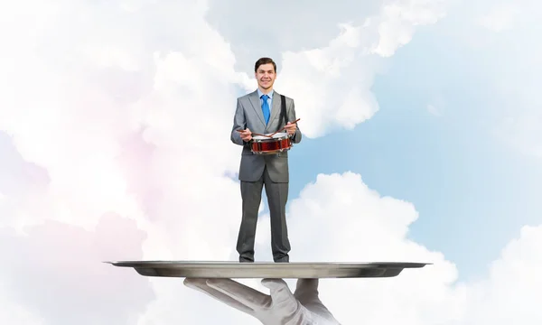 Waiter presenting on tray man — Stock Photo, Image