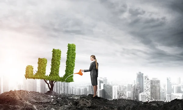 Attractive businesswoman watering plant — Stock Photo, Image