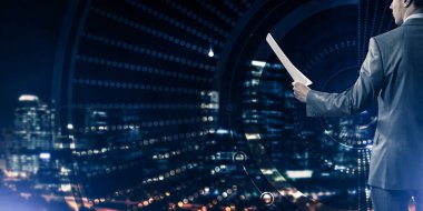 İnfographs ve evrak ya da c uzanan adam dijital arka plan