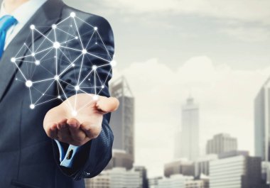 İşadamı el gösteren dijital bağlantı 