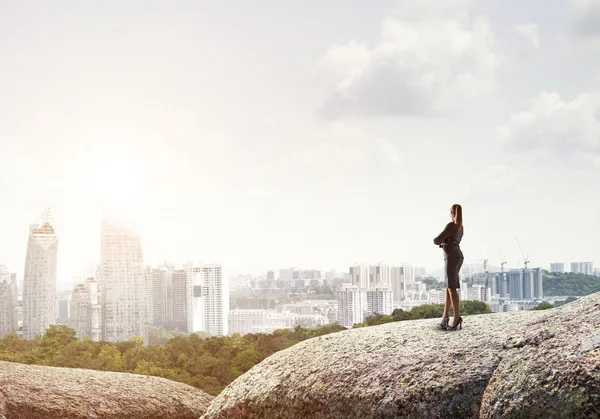 Podnikatelka, stojící na vrcholu kopce — Stock fotografie