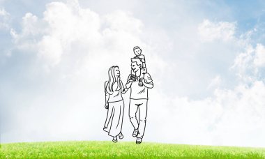 Mutlu aile yürüyüş el çekilmiş