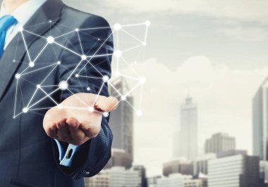 Dijital bağlantı çizgileriyle işadamı el 