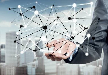 Dijital bağlantı çizgileriyle işadamı el 