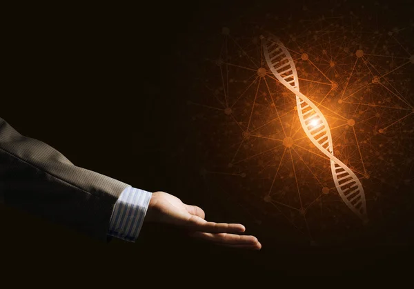 Mão apresentando pesquisa de moléculas de DNA — Fotografia de Stock
