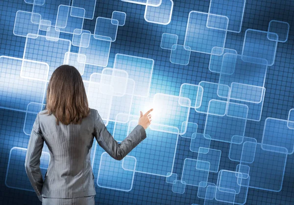 Businesswoman working with digital virtual panel — Stock Photo, Image