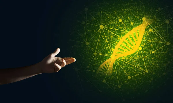 Tangan menyajikan penelitian molekul DNA — Stok Foto
