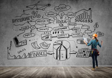 Kask içinde mühendis kadın arkadan görünüm 