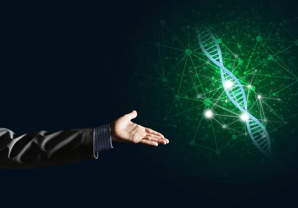 Бізнесмен представляє дослідження молекул ДНК — стокове фото