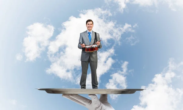 Waiter presenting on tray man — Stock Photo, Image