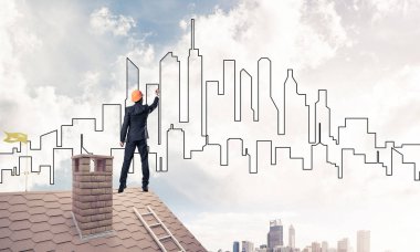 Adam mimar modern şehir silüeti çizmek 