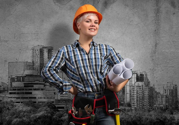 Ingeniera mujer con planos — Foto de Stock