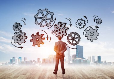 zakenman te kijken naar moderne stad 