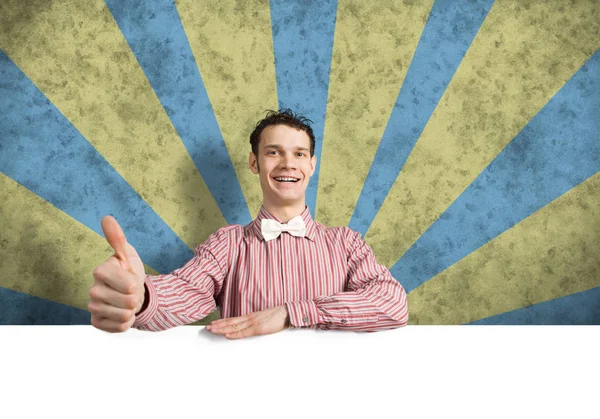 Homem alegre com banner — Fotografia de Stock