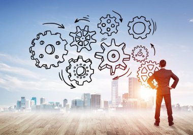 zakenman te kijken naar moderne stad 