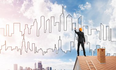 Mühendis adam çizim modern şehir