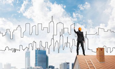 Mühendis adam çizim modern şehir