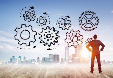 zakenman te kijken naar moderne stad 