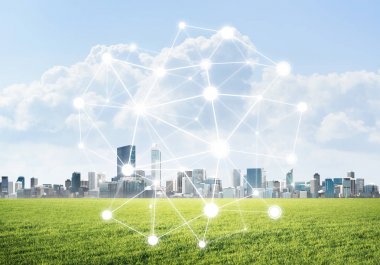 Sosyal bağlantı kavramı ile modern cityscape 