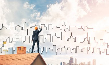 Mühendis adam çizim modern şehir