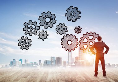 zakenman te kijken naar moderne stad 