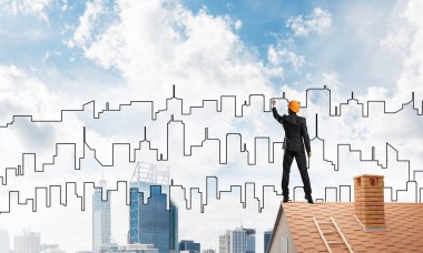 Mühendis adam çizim modern şehir