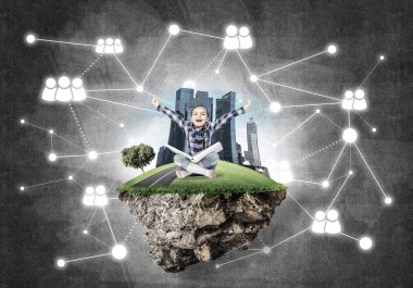 kitap yüzen ada üzerinde oturan kızla 