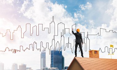 Mühendis adam çizim modern şehir