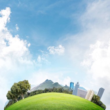 Cityscape yeşil yuvarlak dünya üzerinde 
