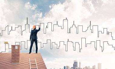 Mühendis adam çizim modern şehir