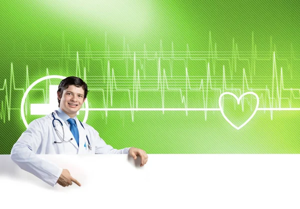 Doctor holding white blank banner — Stock Photo, Image