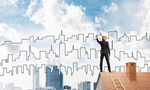 Mühendis adam çizim modern şehir