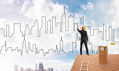 Mühendis adam çizim modern şehir