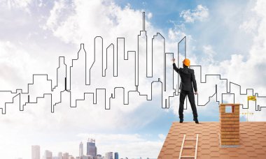 Mühendis adam çizim modern şehir