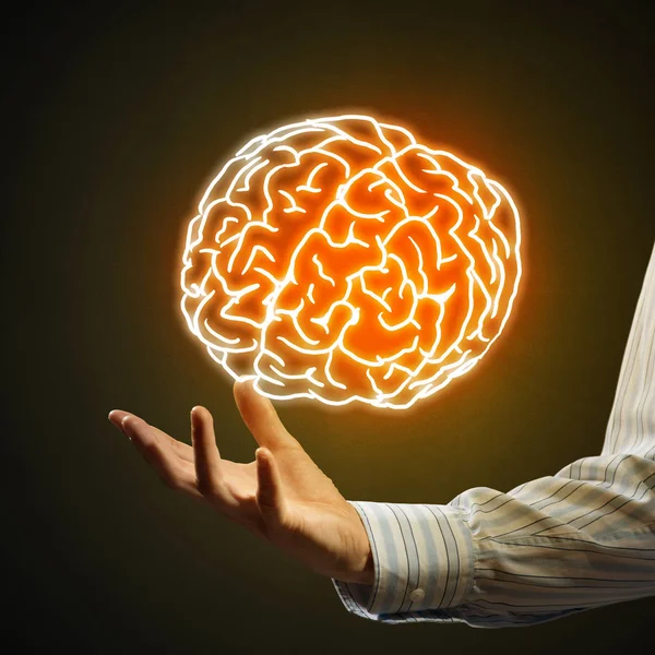 Businessman hand holding brain sketch — Stock Photo, Image