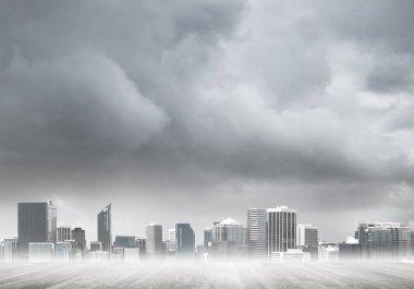 Modern cityscape ve ahşap zemin 