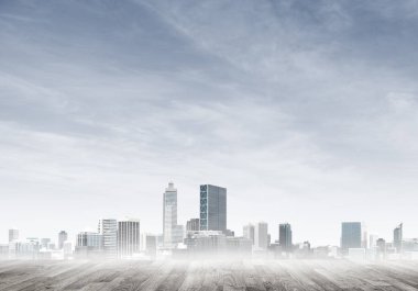 Modern cityscape ve ahşap zemin 