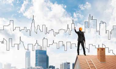 Mühendis adam çizim modern şehir