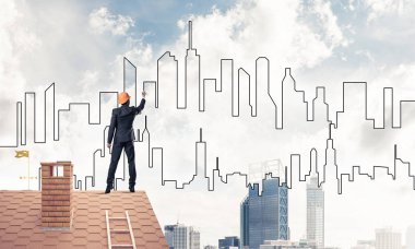 Mühendis adam çizim modern şehir