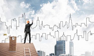 Mühendis adam çizim modern şehir